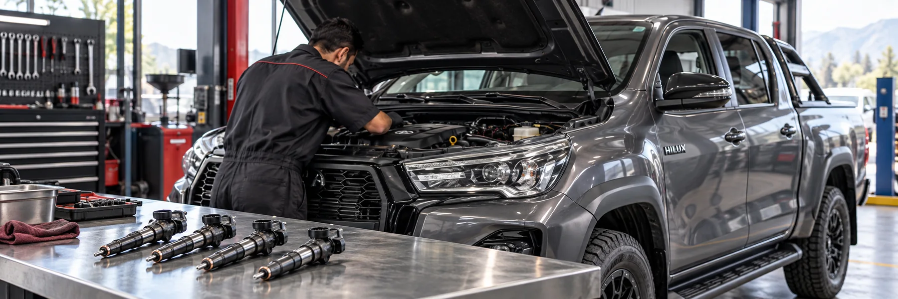 Inyectores diésel junto a Toyota Hilux