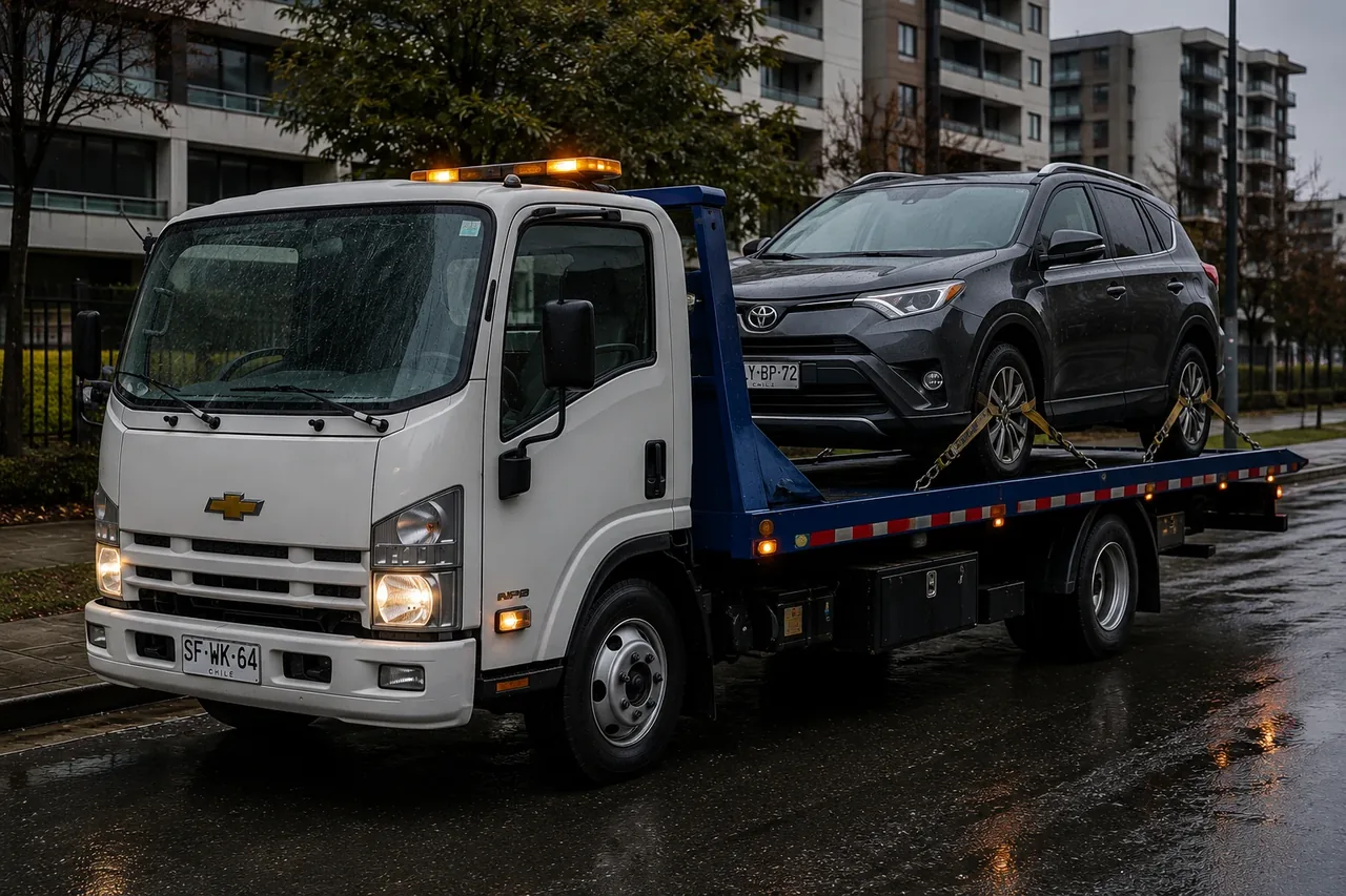 Camión grúa Chevrolet trasladando un SUV Toyota asegurado sobre plataforma