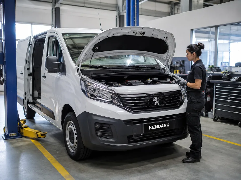 Mecánica KENDARK inspeccionando un furgón Peugeot real de carga