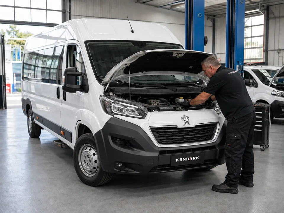 Mecánico realizando inspección de motor a un minibús Peugeot en taller